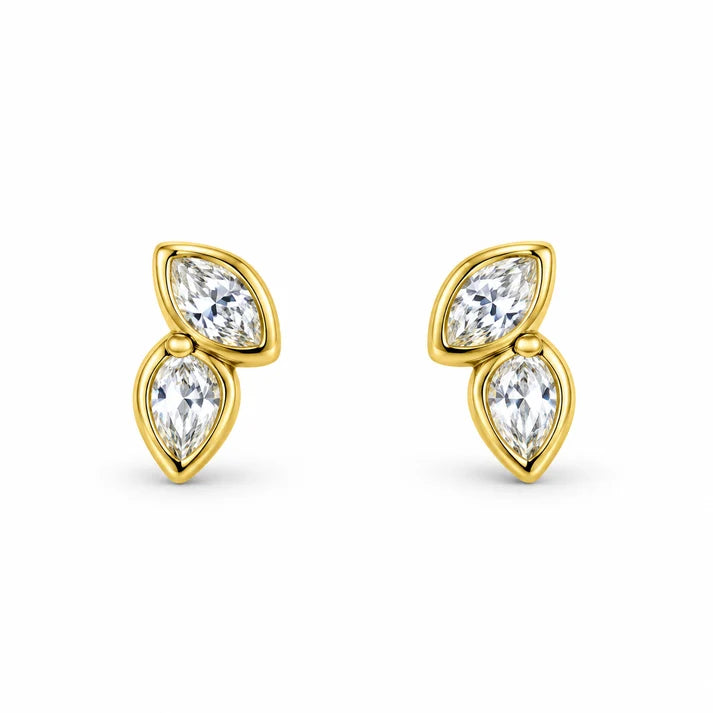 Pair of gold-tone earrings with clear marquise and pear-shaped stones on a white background