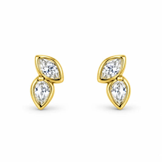 Pair of gold-tone earrings with clear marquise and pear-shaped stones on a white background