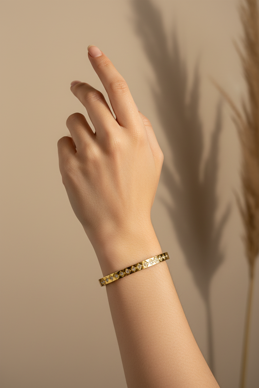 Diamond Pattern Thin Wrist Bangle - 18K Gold Plated Waterproof Wrist Size 2.2 & 2.4