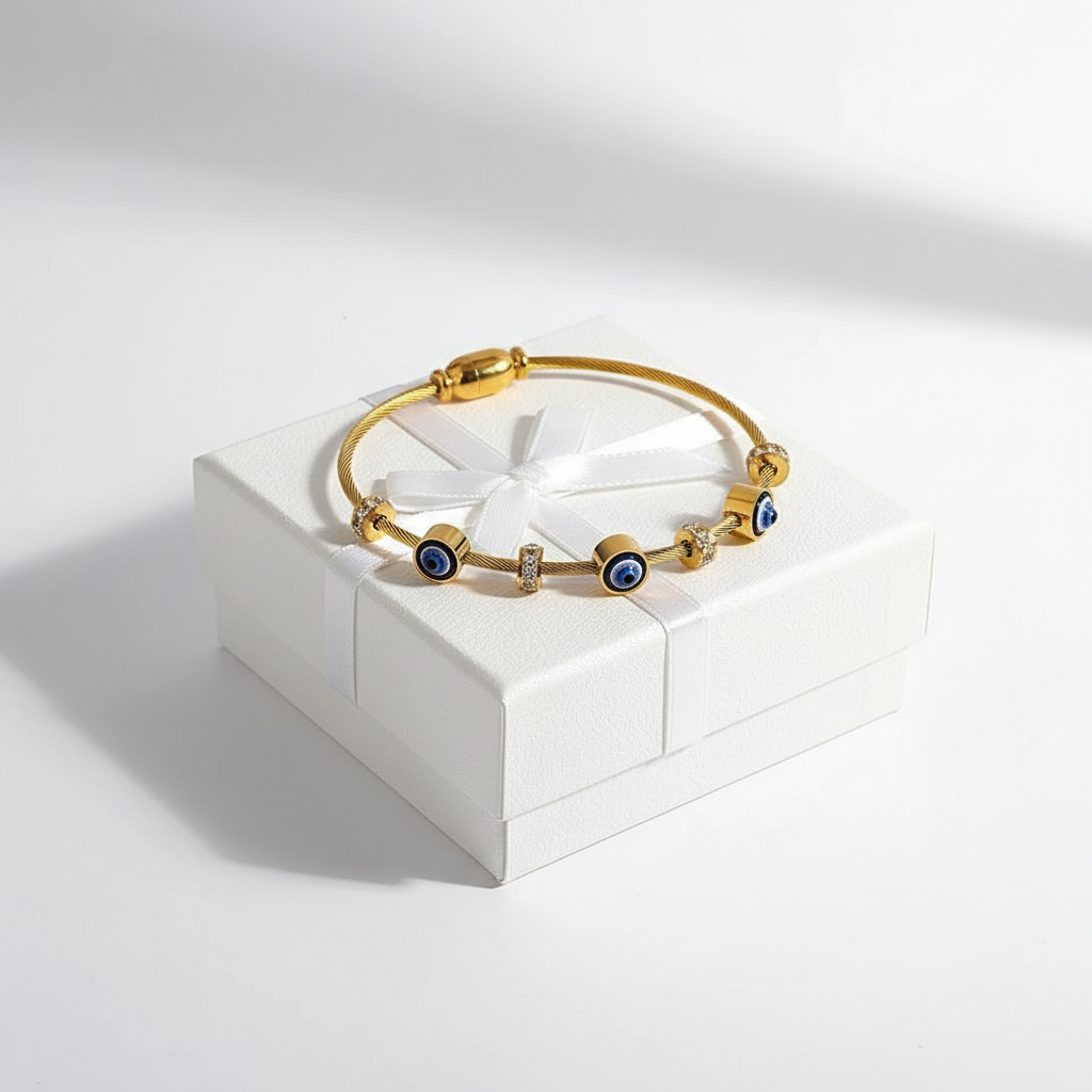 Evil Eye Thin Wrist Bangle - 18K Gold Plated Waterproof Wrist Size 2.2 & 2.4