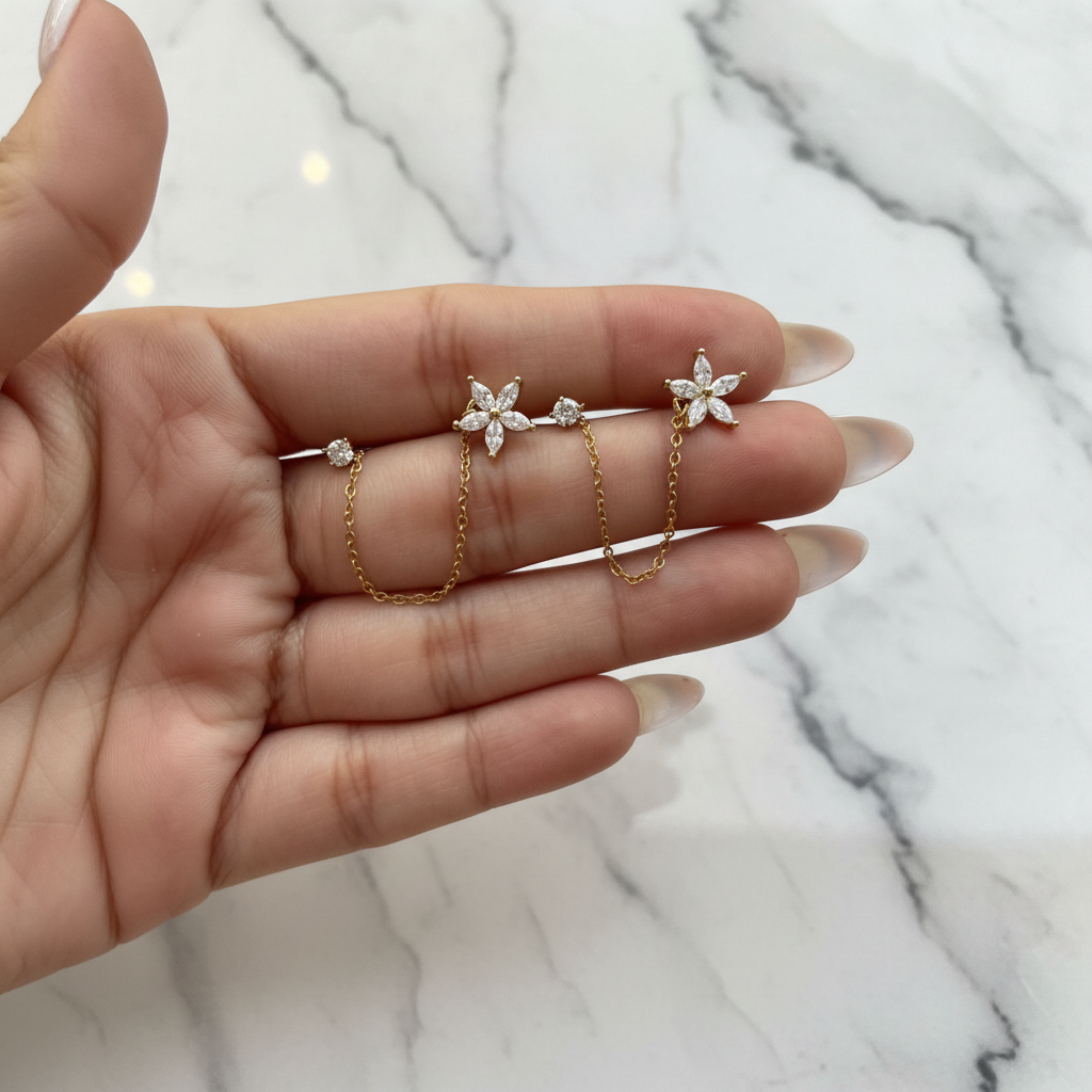 Crystal Flower Chain Earrings (PAIR)