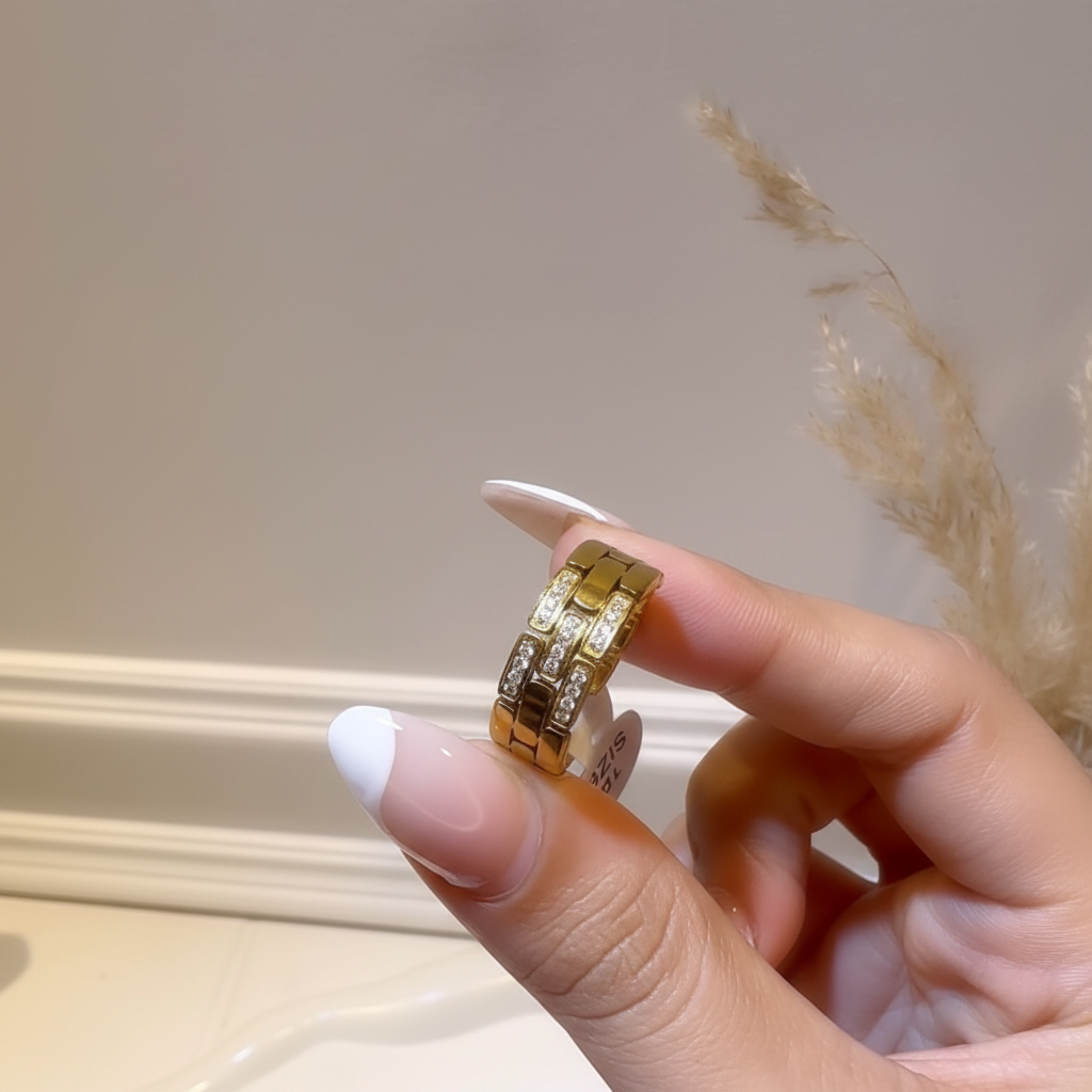 Luxe Diamond Brick Band Ring - 18K Gold Plated