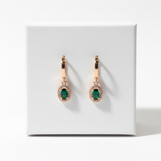 Rose Gold Green Emerald Drop Huggie Hoop Earrings