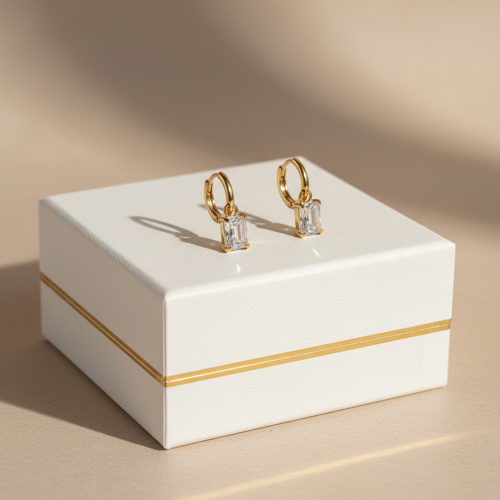 Emerald Cut Crystal Huggies Hoop Earrings - 18K Gold Plated Waterproof