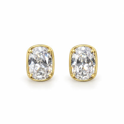Pair of clear cushion-cut rectangular stud earrings in gold-tone settings on white