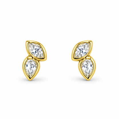 Pair of gold-tone earrings with clear marquise and pear-shaped stones on a white background