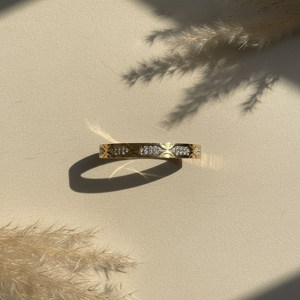 Crystal Embellished Thin Wrist Bangle - 18K Gold Plated Waterproof Wrist Size 2.2 & 2.4