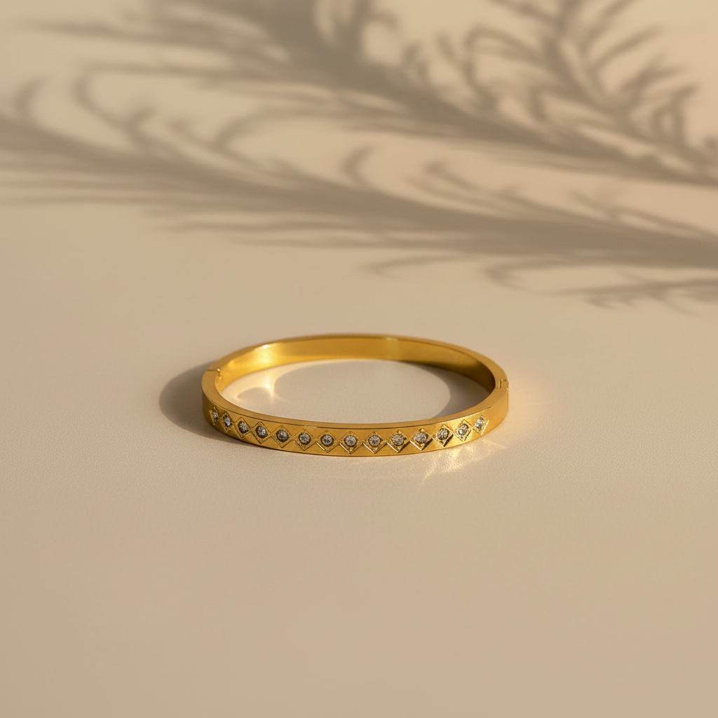 Diamond Pattern Thin Wrist Bangle - 18K Gold Plated Waterproof Wrist Size 2.2 & 2.4