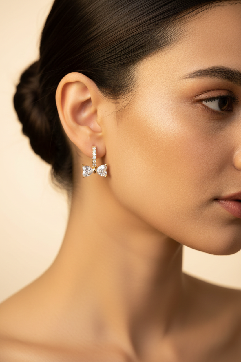 Rose Gold Bow Huggie Drop Earrings