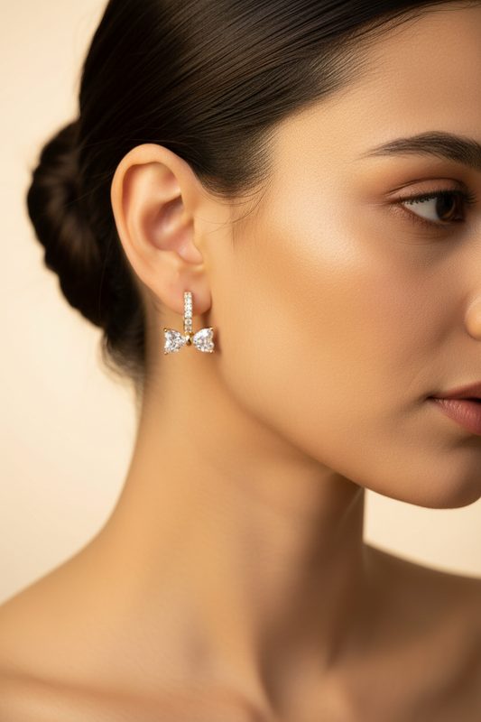 Rose Gold Bow Huggie Drop Earrings