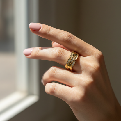 Luxe Diamond Brick Band Ring - 18K Gold Plated
