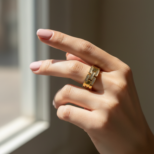 Luxe Diamond Brick Band Ring - 18K Gold Plated