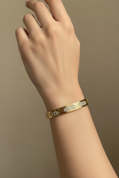 Crystal Embellished Thin Wrist Bangle - 18K Gold Plated Waterproof Wrist Size 2.2 & 2.4