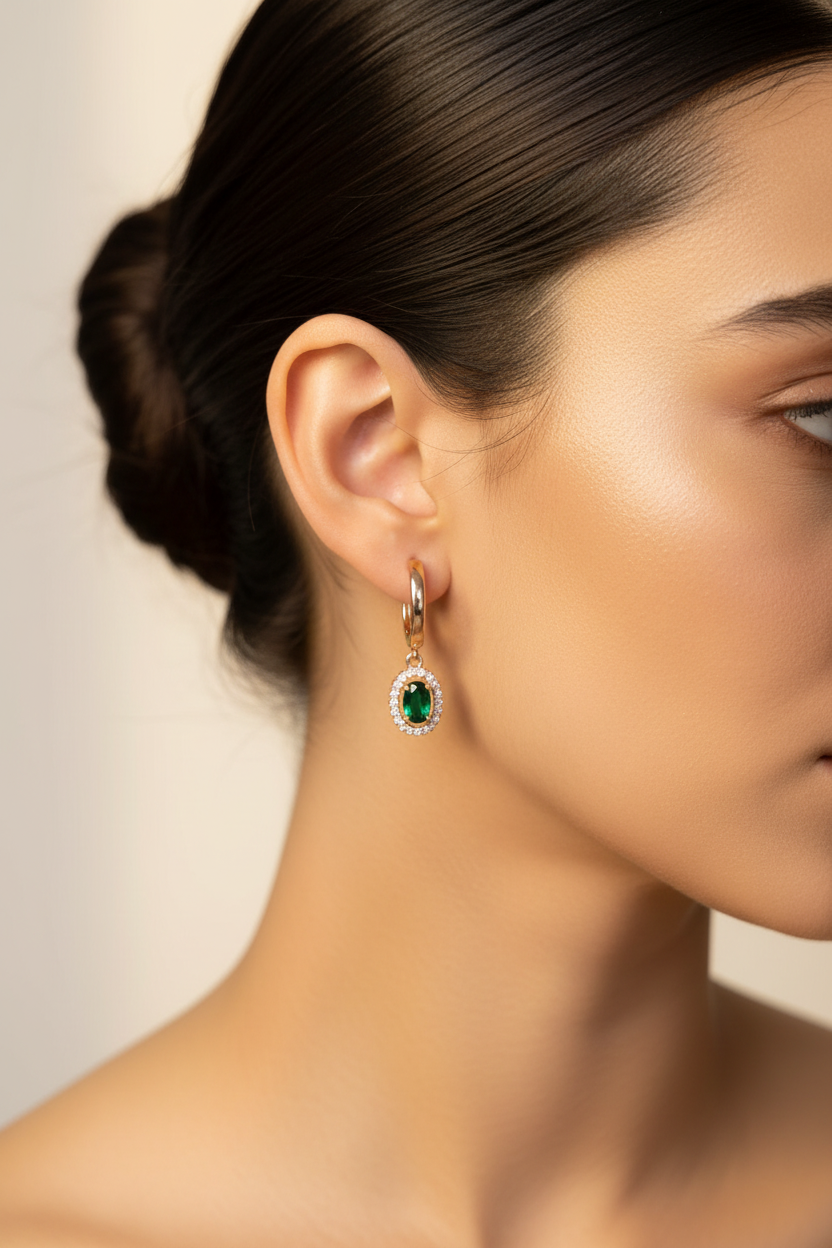Rose Gold Green Emerald Drop Huggie Hoop Earrings