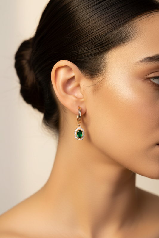 Rose Gold Green Emerald Drop Huggie Hoop Earrings
