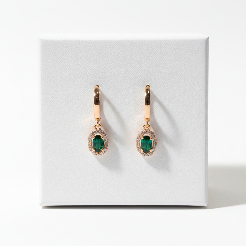 Rose Gold Green Emerald Drop Huggie Hoop Earrings