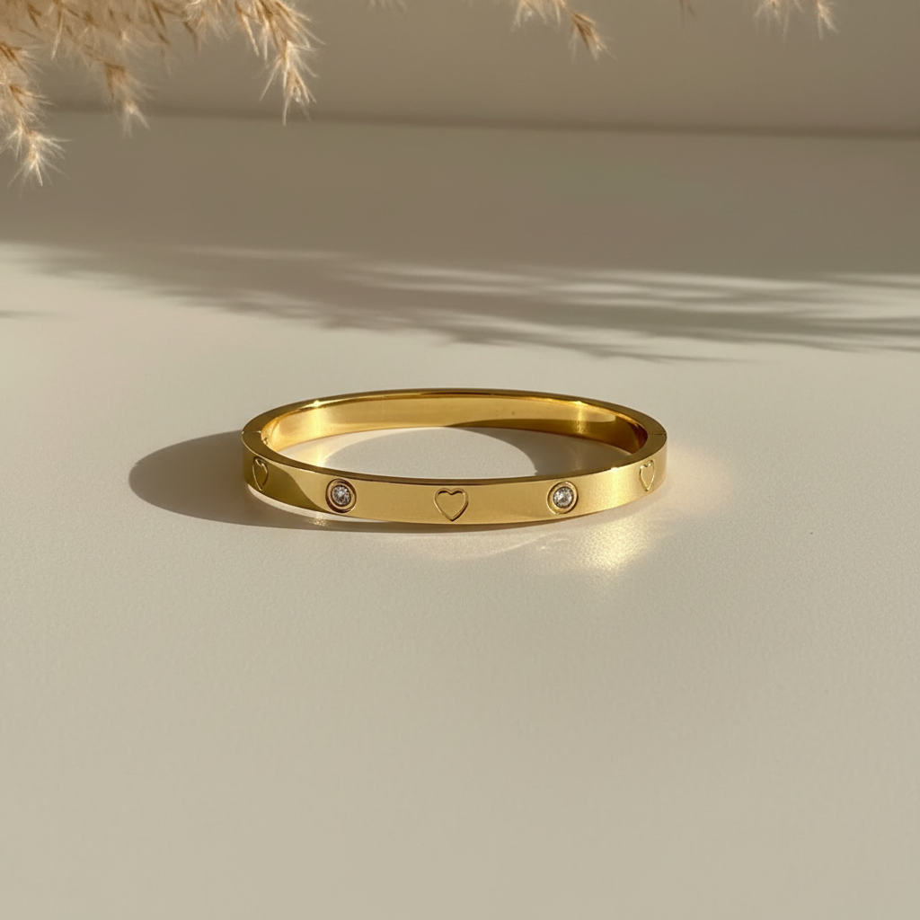 Luxe Heart Thin Wrist Bangle - 18K Gold Plated Waterproof Wrist Size 2.2 & 2.4