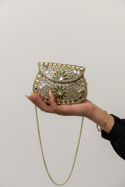 Emerald Kundan Embellished Clutch with Mirror Work