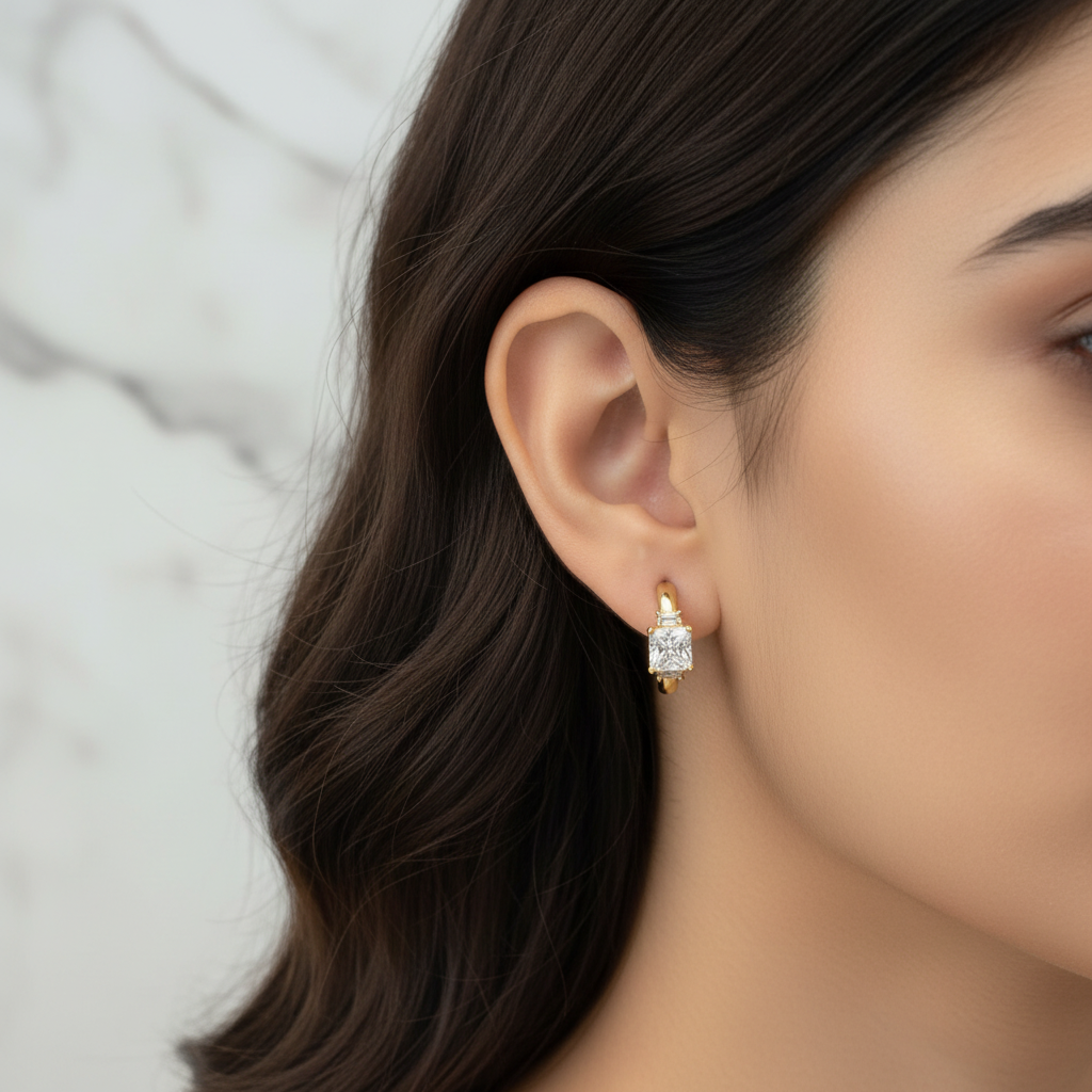 Model wearing gold huggie CZ earrings close up on ear