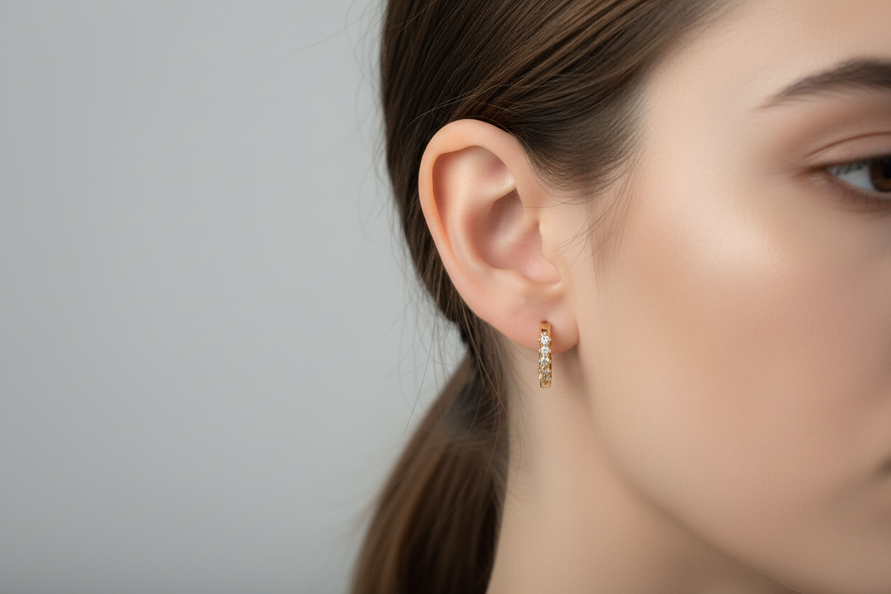Natalia Hoop CZ huggie earrings on model ear