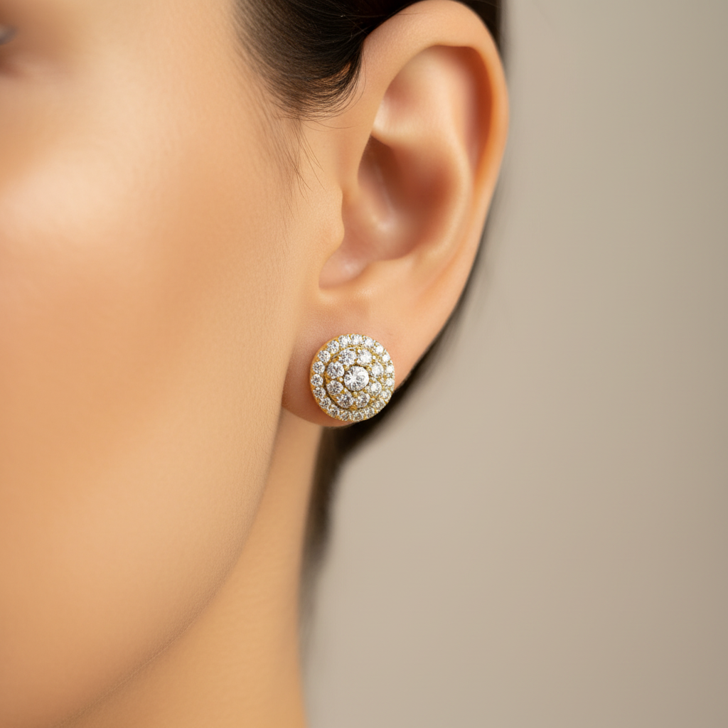 Pavé cluster stud earring worn on earlobe close-up