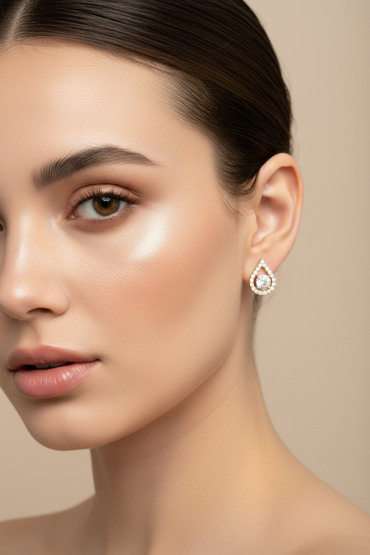 Crystal Drop Teardrop Stud Earrings worn on model