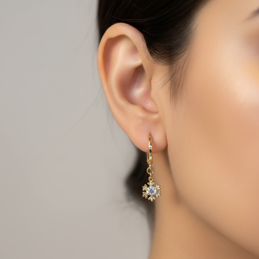 Close-up of crystal flower drop earring on ear