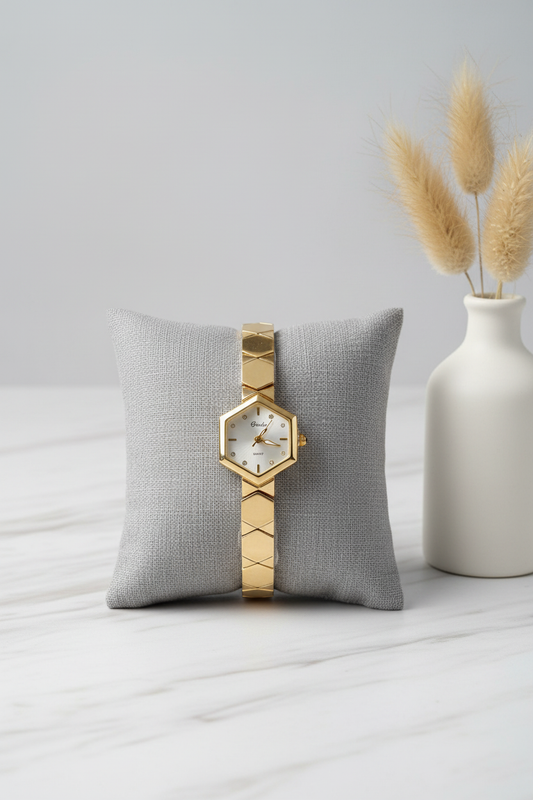 Gold Hexagonal Bracelet Watch - Luxury Editorial