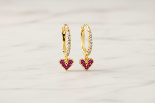 Ruby Heart Charm Hoop Earrings flat lay