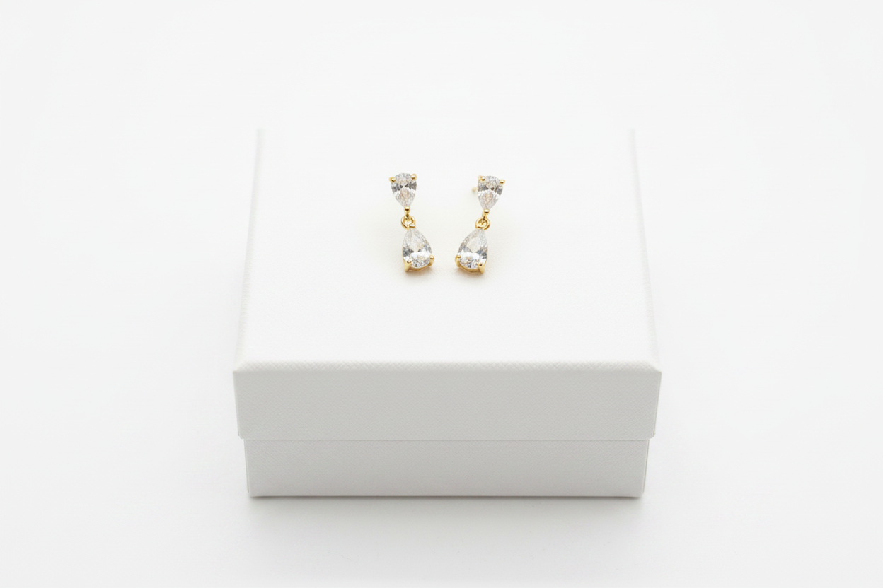 Crystal Teardrop Drop Earrings on white jewelry box