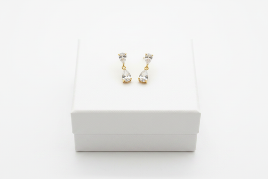 Crystal Teardrop Drop Earrings on white jewelry box
