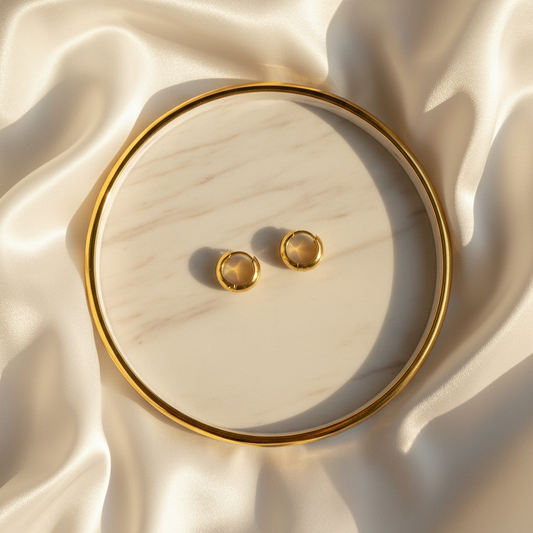 Halo Core Hoops – flat-lay on marble tray with silk