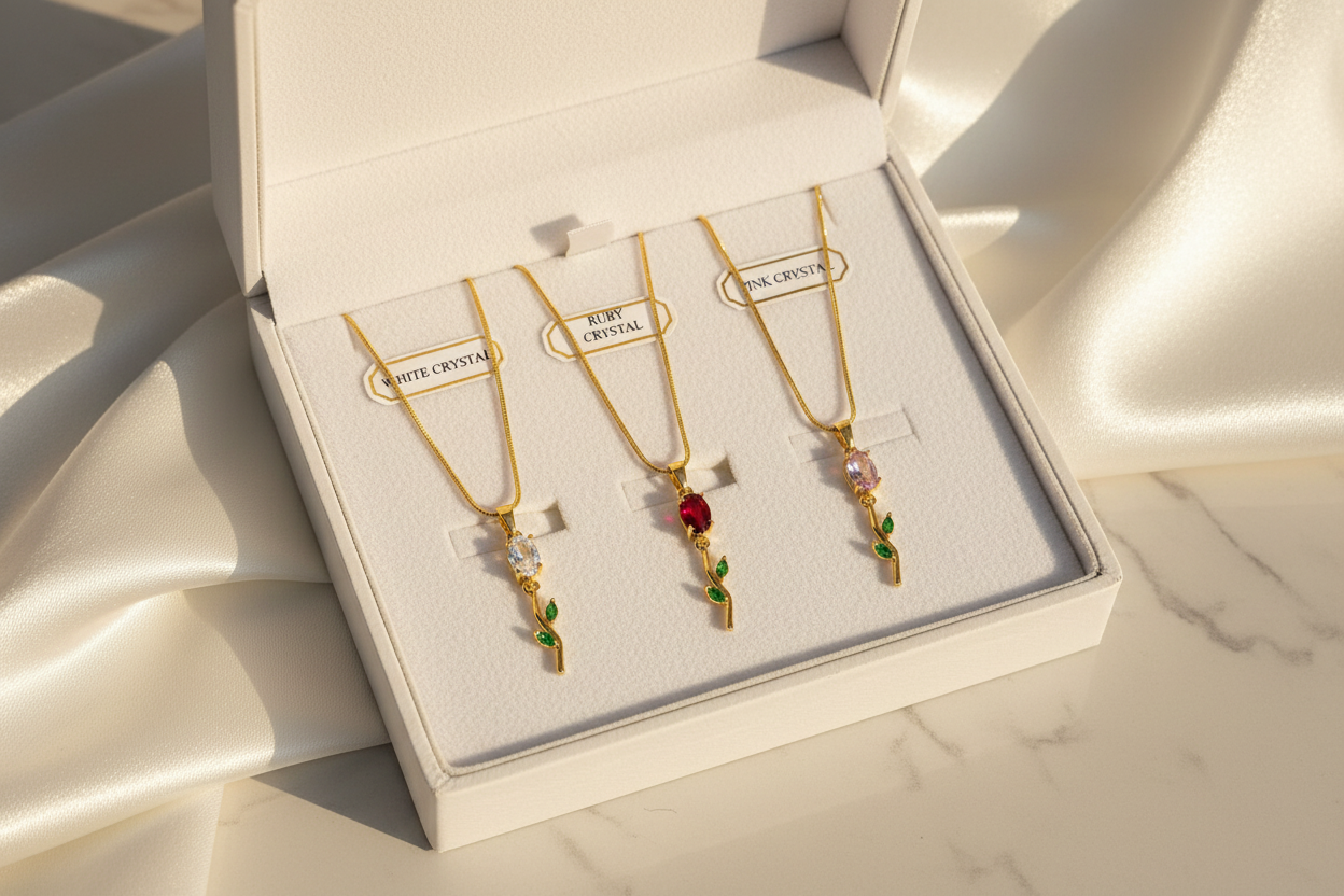 Tulip Necklace – all 3 variants in white jewelry box