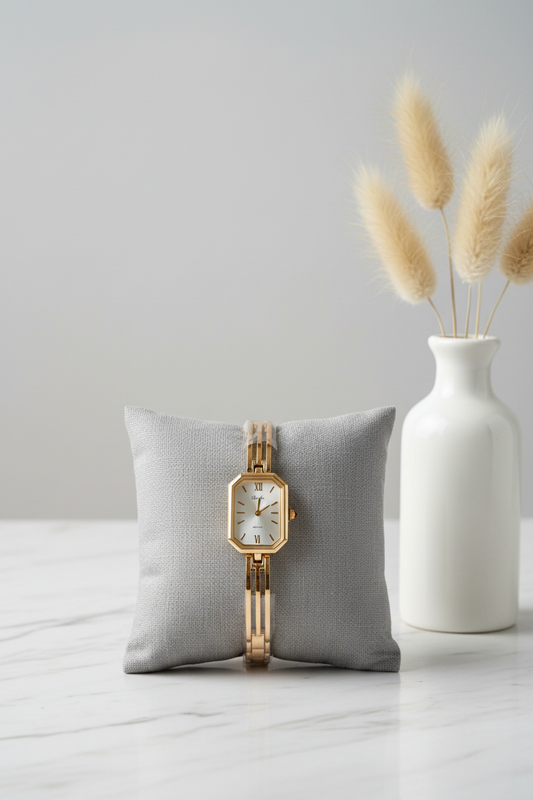 Gold Octagonal Bracelet Watch - Luxury Editorial