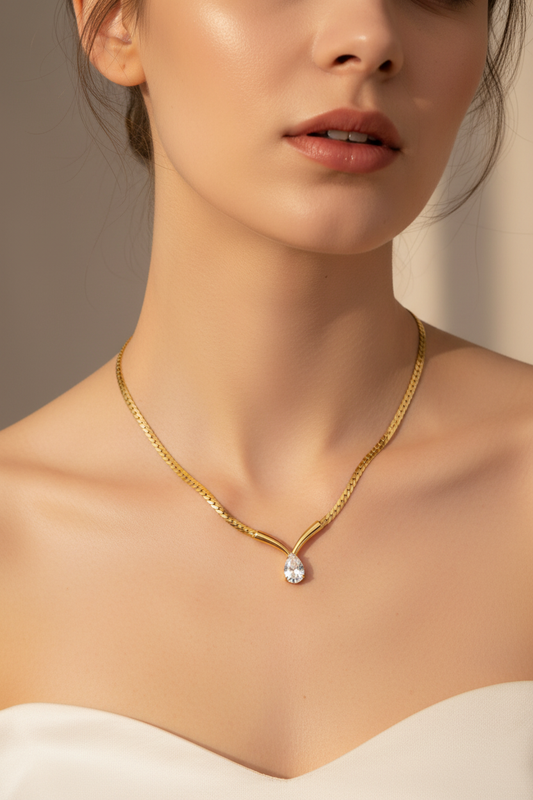 Crystal Drop Snake Chain Necklace worn on neck