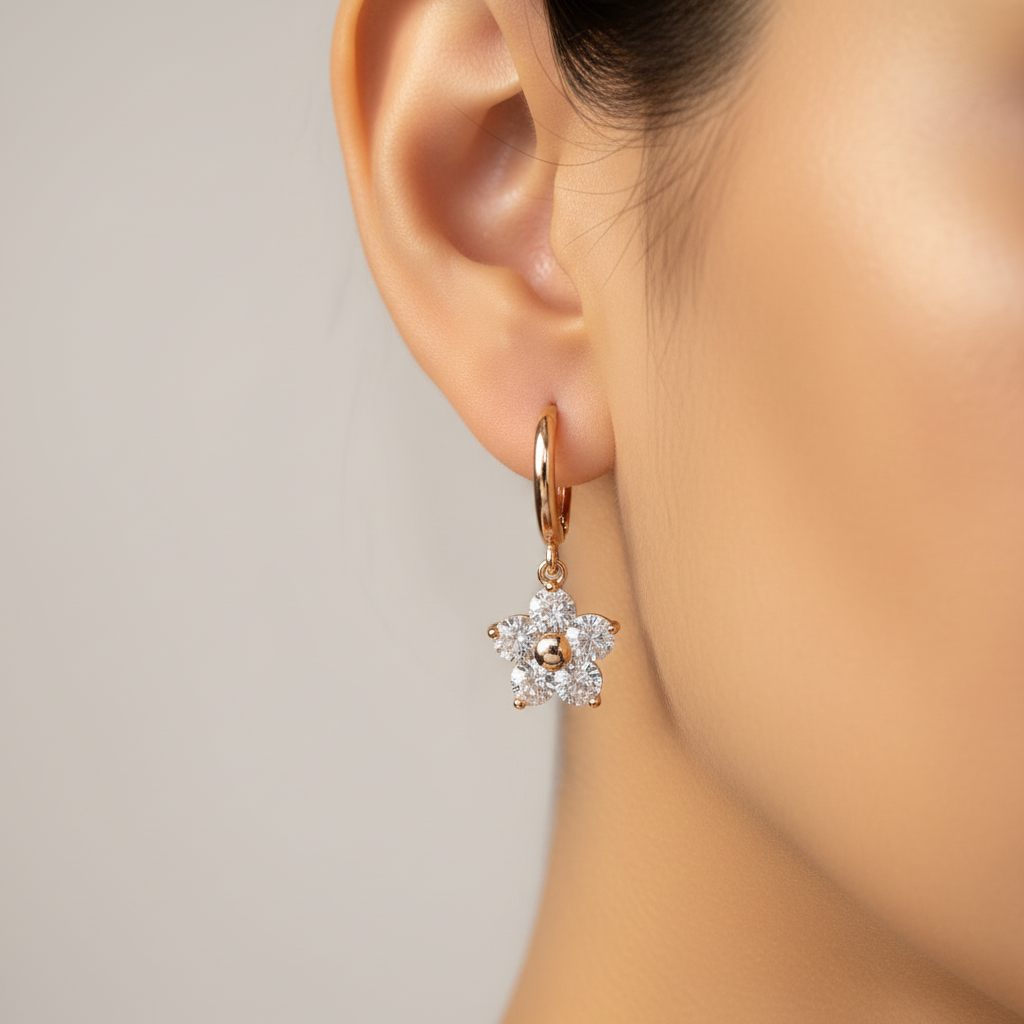 Close-up of crystal flower drop earring