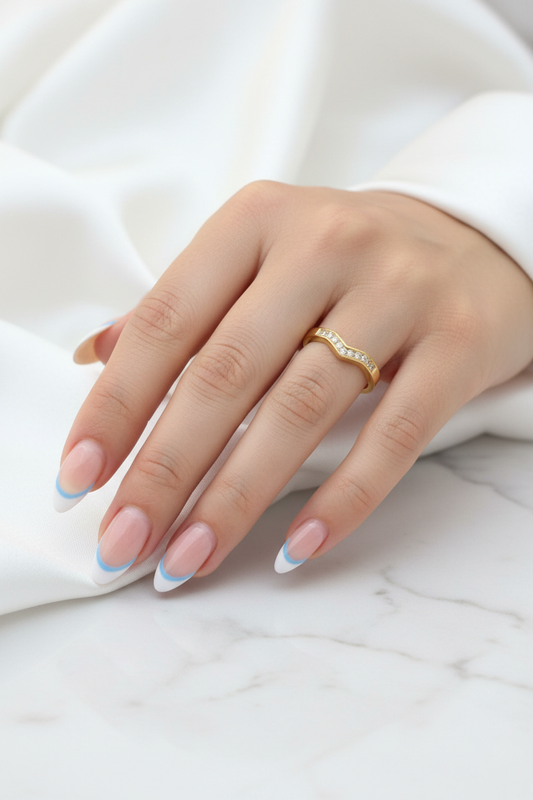 Lima V Ring on ring finger white satin marble backdrop blush pink nails
