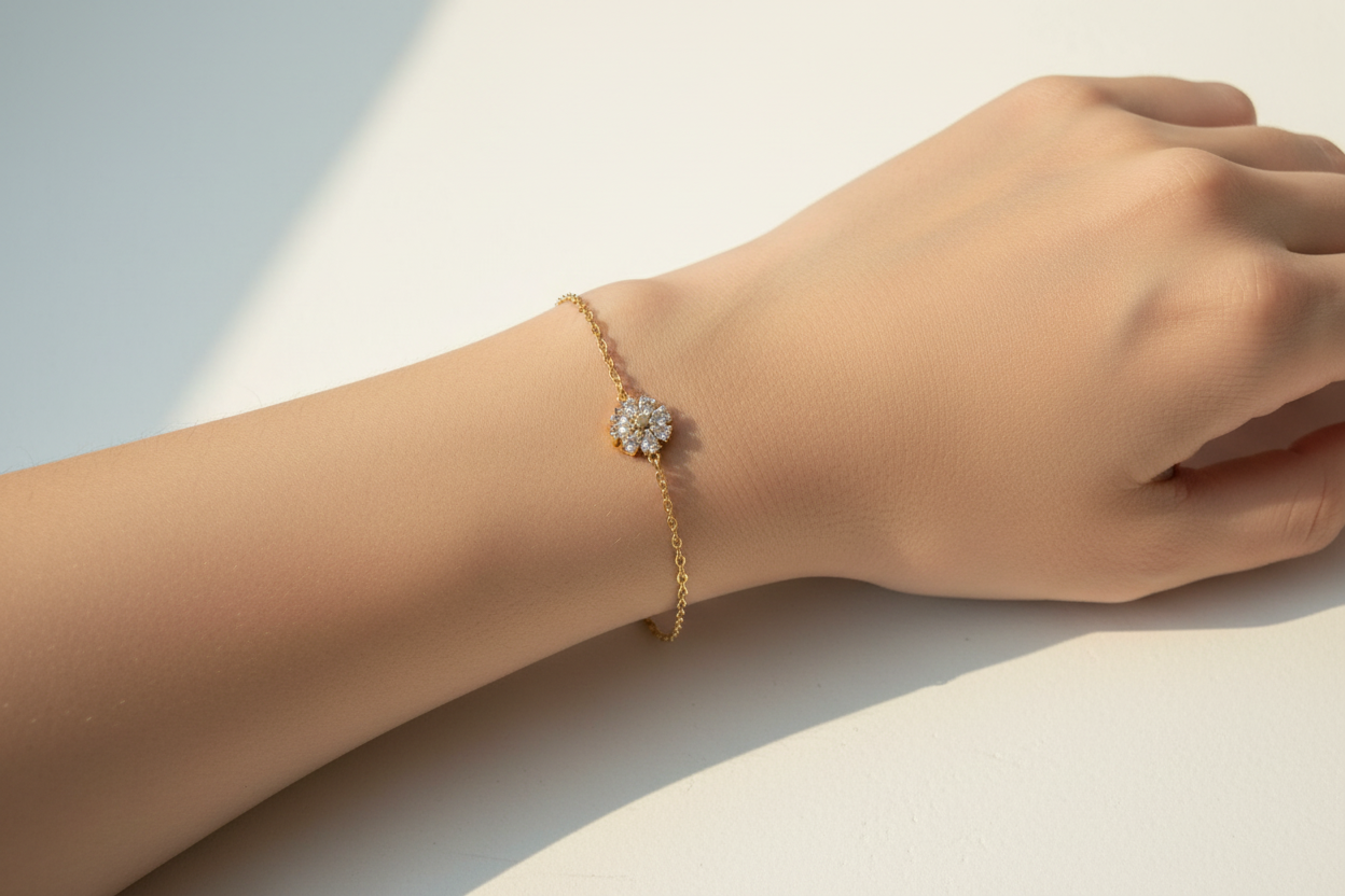 Daisy bracelet worn on girl's wrist – lifestyle shot