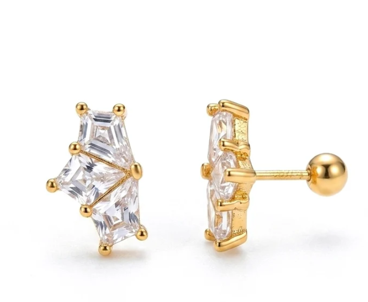 Gold-tone crystal stud earrings shown from the front and side
