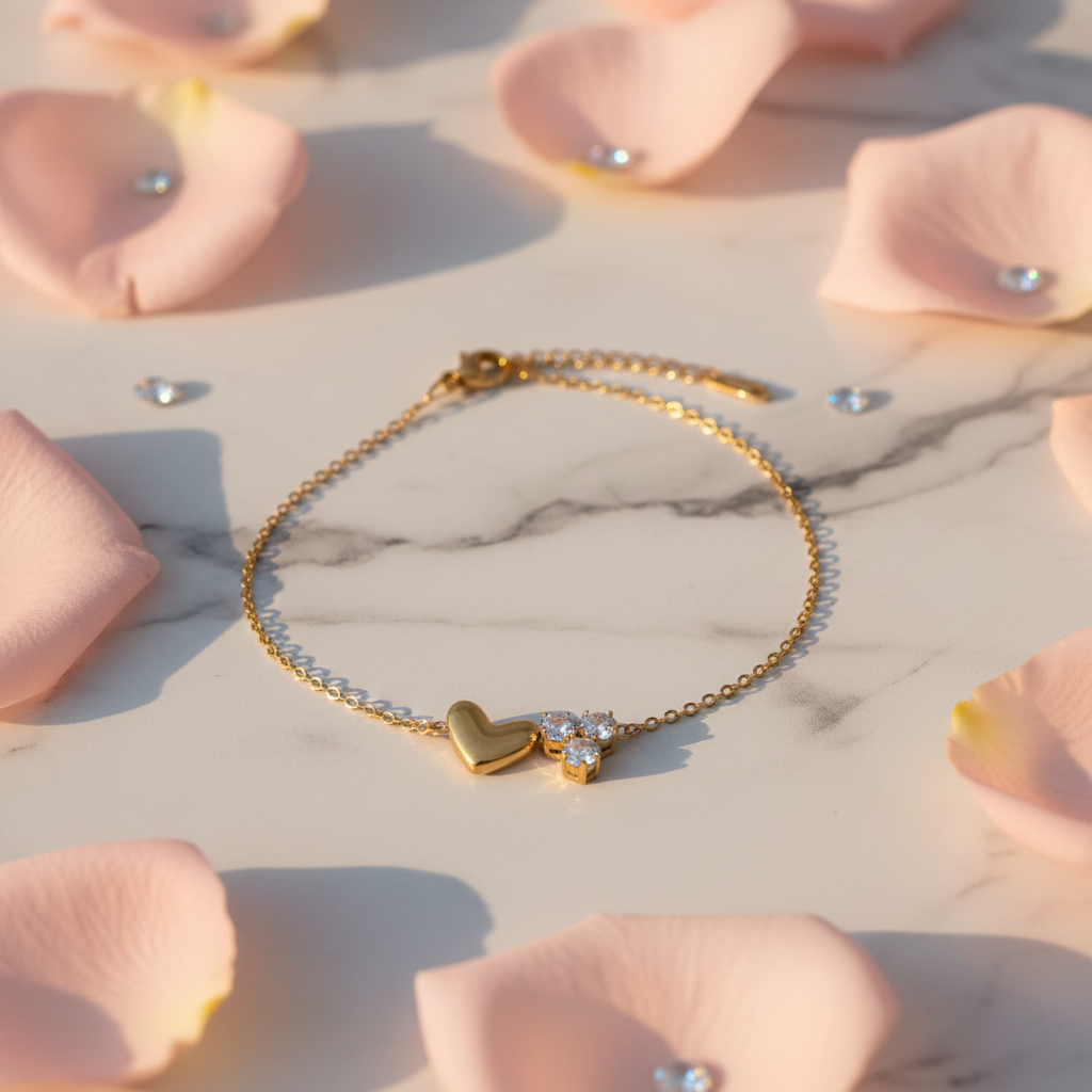 Diamond Heart Bracelet on marble with rose petals
