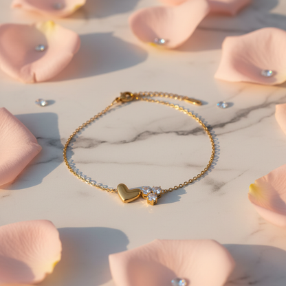 Diamond Heart Bracelet on marble with rose petals