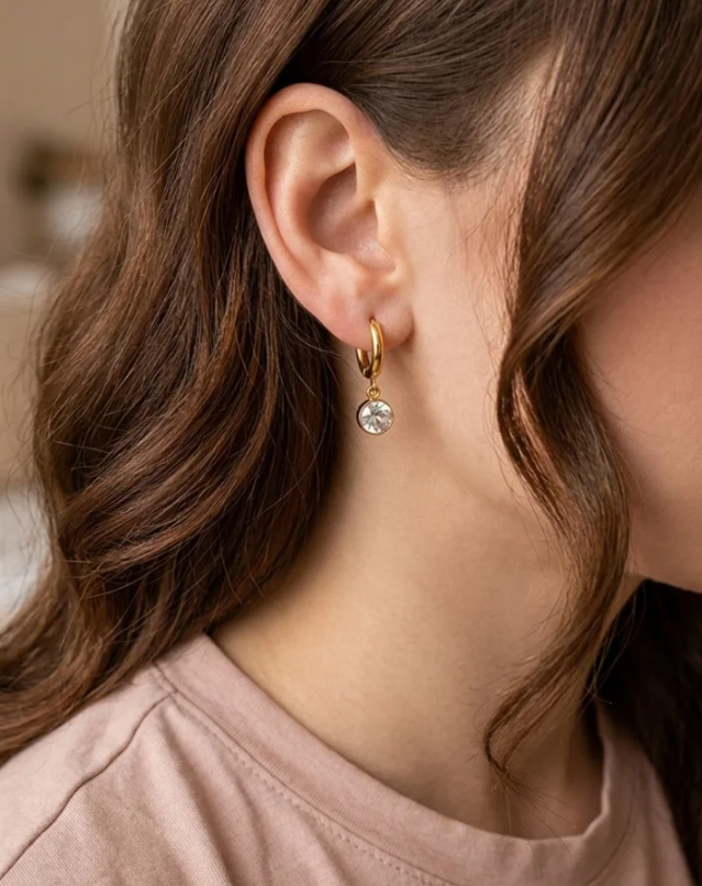 Round Crystal Huggie Drop Earrings