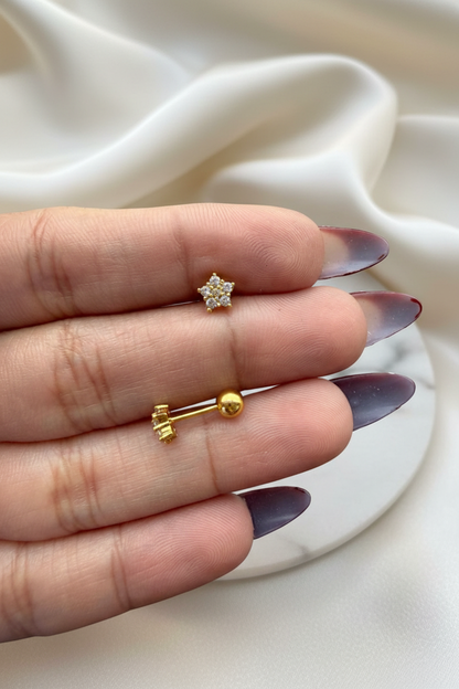 Lil Luxe Flower Studs with backing on marble silk background