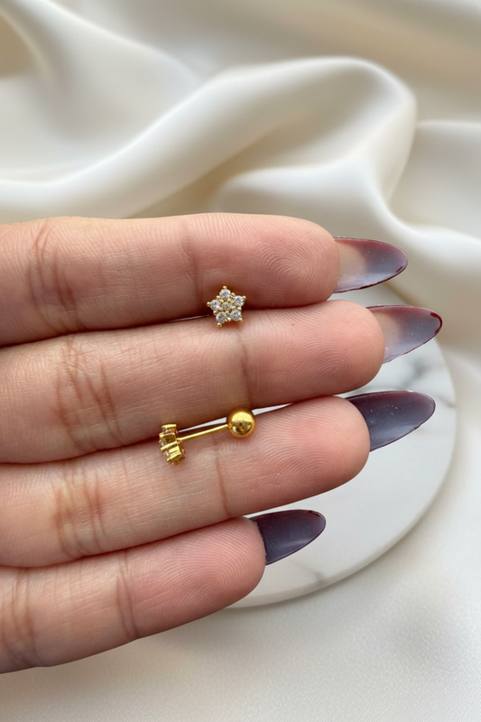 Lil Luxe Flower Studs with backing on marble silk background