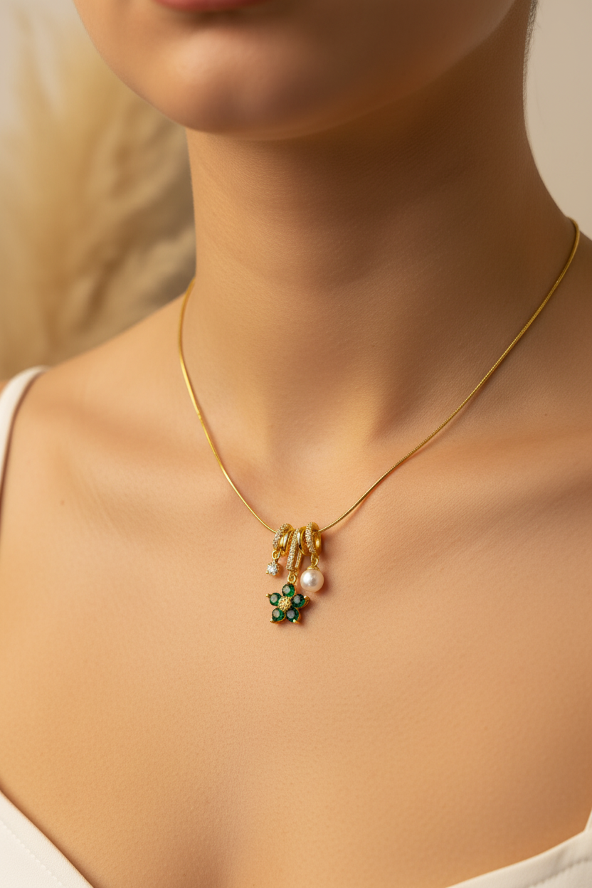 Green Flower Charm Necklace worn on fair skin neck