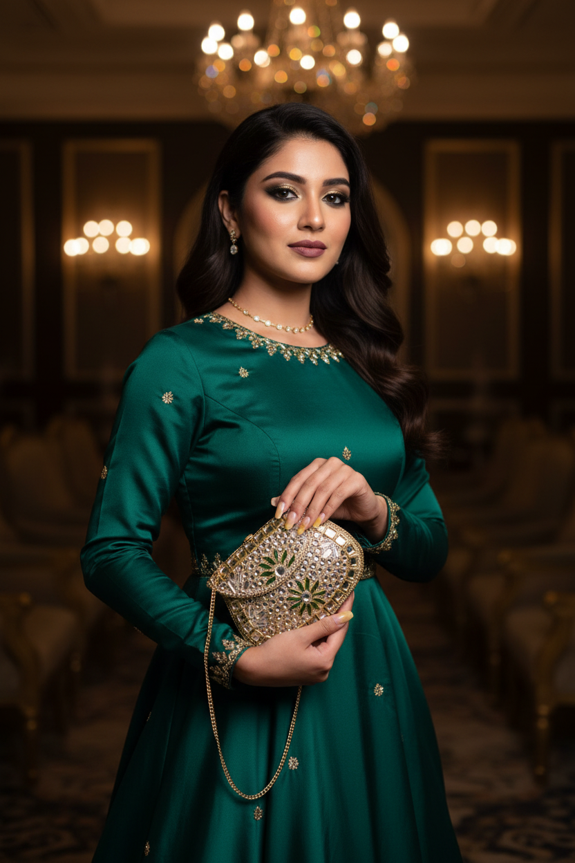 Emerald Kundan Embellished Clutch with Mirror Work
